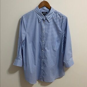 Chaps Blue Gingham Blouse Shirt Plus Size 1X Checkered Pattern Button Up No Iron